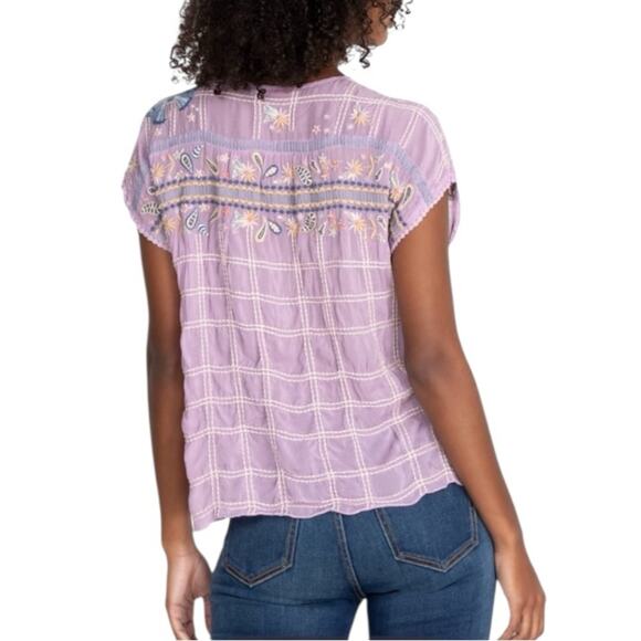 Johnny Was Top Tie Neck Butterly Floral Embroidered Purple Women’s Size Large - Picture 2 of 13